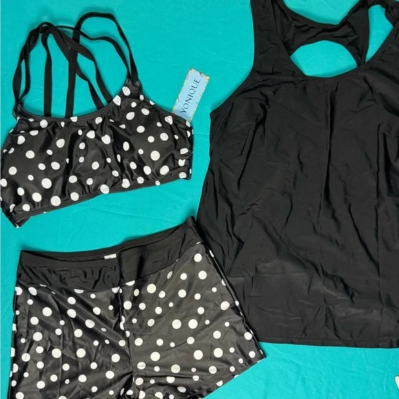 Yonique Womens 3 Piece Tankini Swimsuit Boyshorts Athletic Modest Black NWT M - Picture 2 of 7